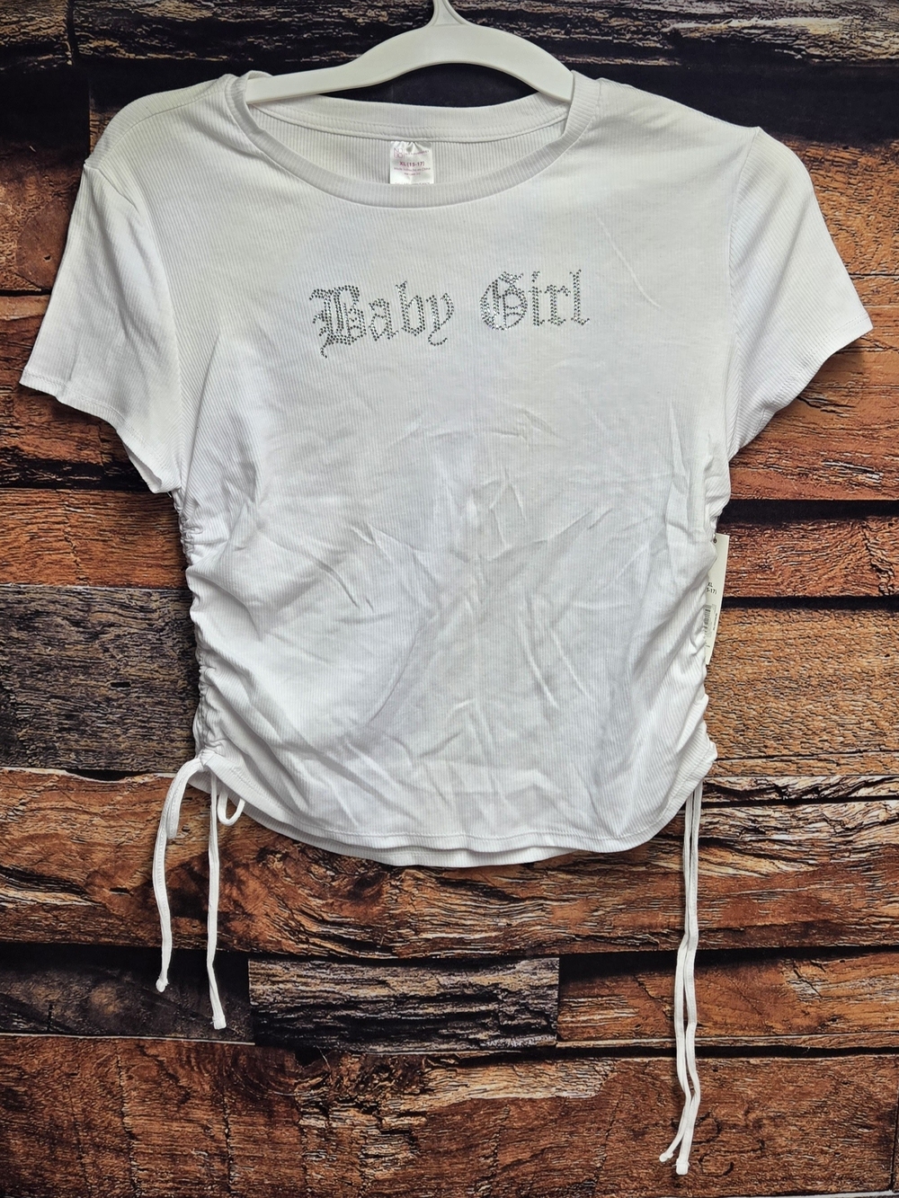 No Boundaries Ribbed Baby Girl Rhinestone Ruched Side Tee White